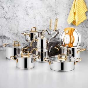 طقم ادوات الطهي 18 قطعة ستنالس ستيل بمقبض ذهبي ozlife